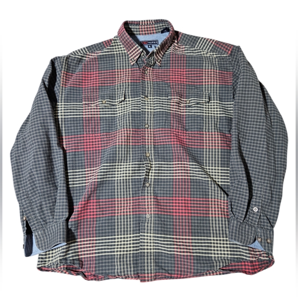 Roper Flannel Shirt Red Gray Checkered/Plaid Western Wear Brushpopper Mens XL